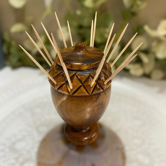 Vintage Mid Century Appetizer Pedistal Serving Tray Glass Wood Toothpick Holder